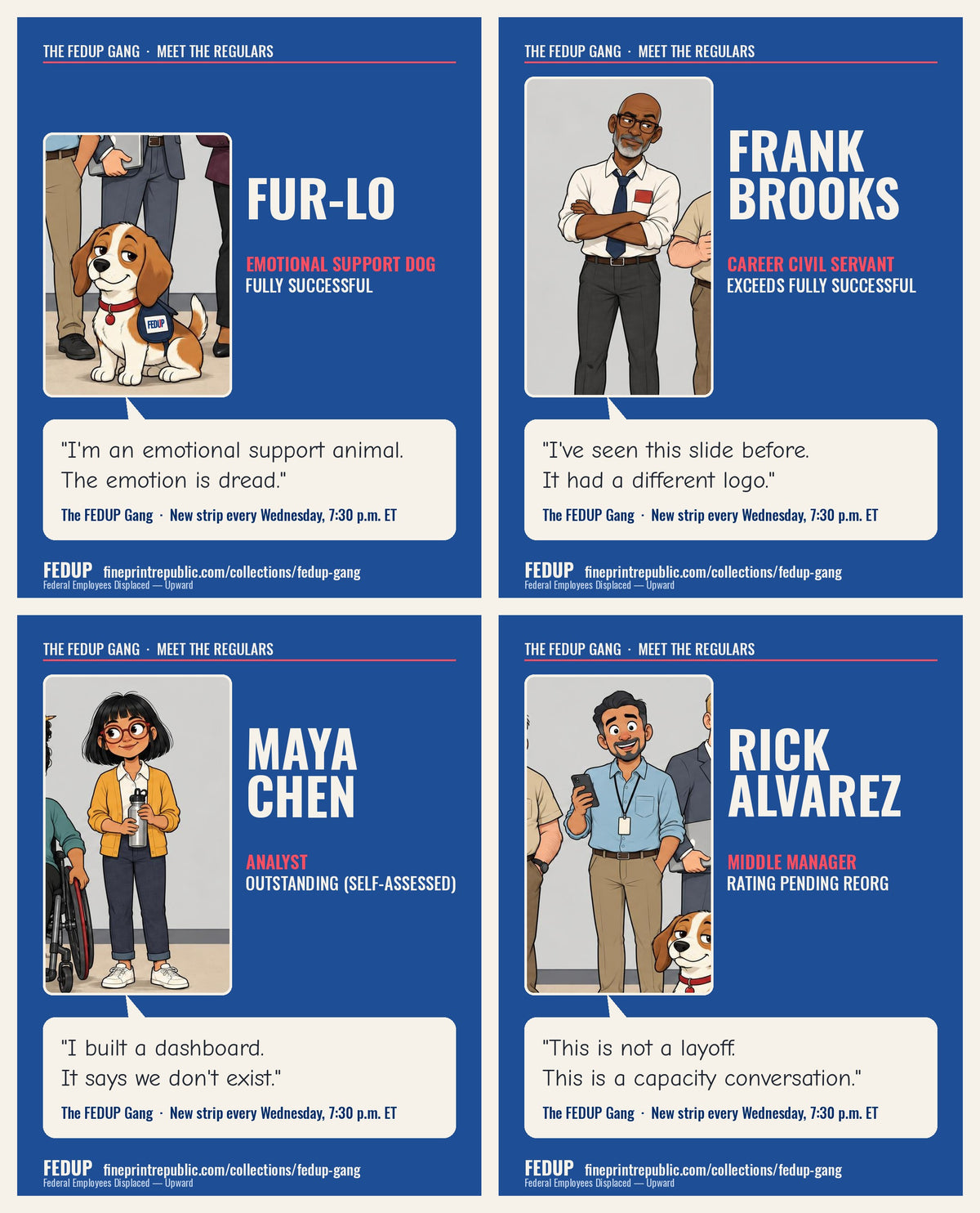 The FEDUP Gang cast cards: Fur-lo, Frank, Maya, and Rick.