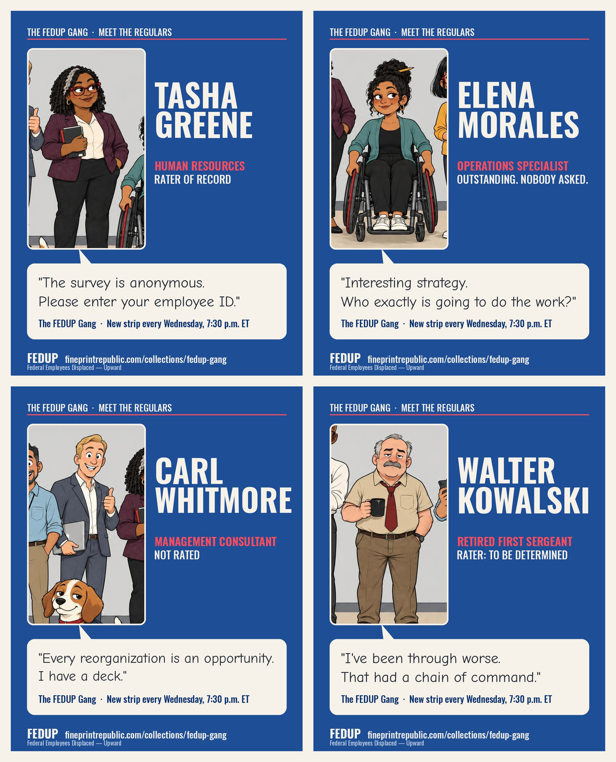 The FEDUP Gang cast cards: Tasha, Elena, Carl, and Walter.
